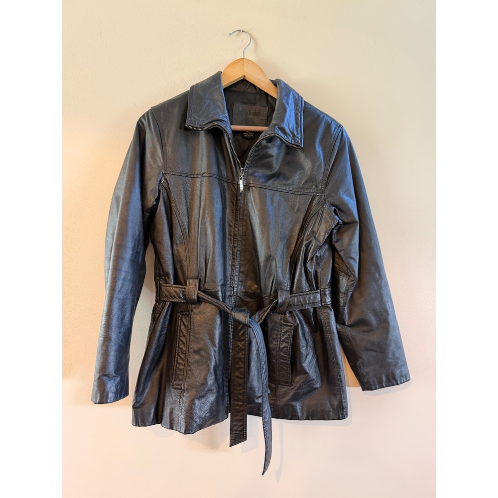 Kathy Ireland Womens Black Genuine 100% Leather Belted Jacket Small
